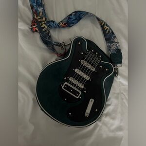 Guitar-Shaped Crossbody Bag in Deep Teal with Graphic Strap